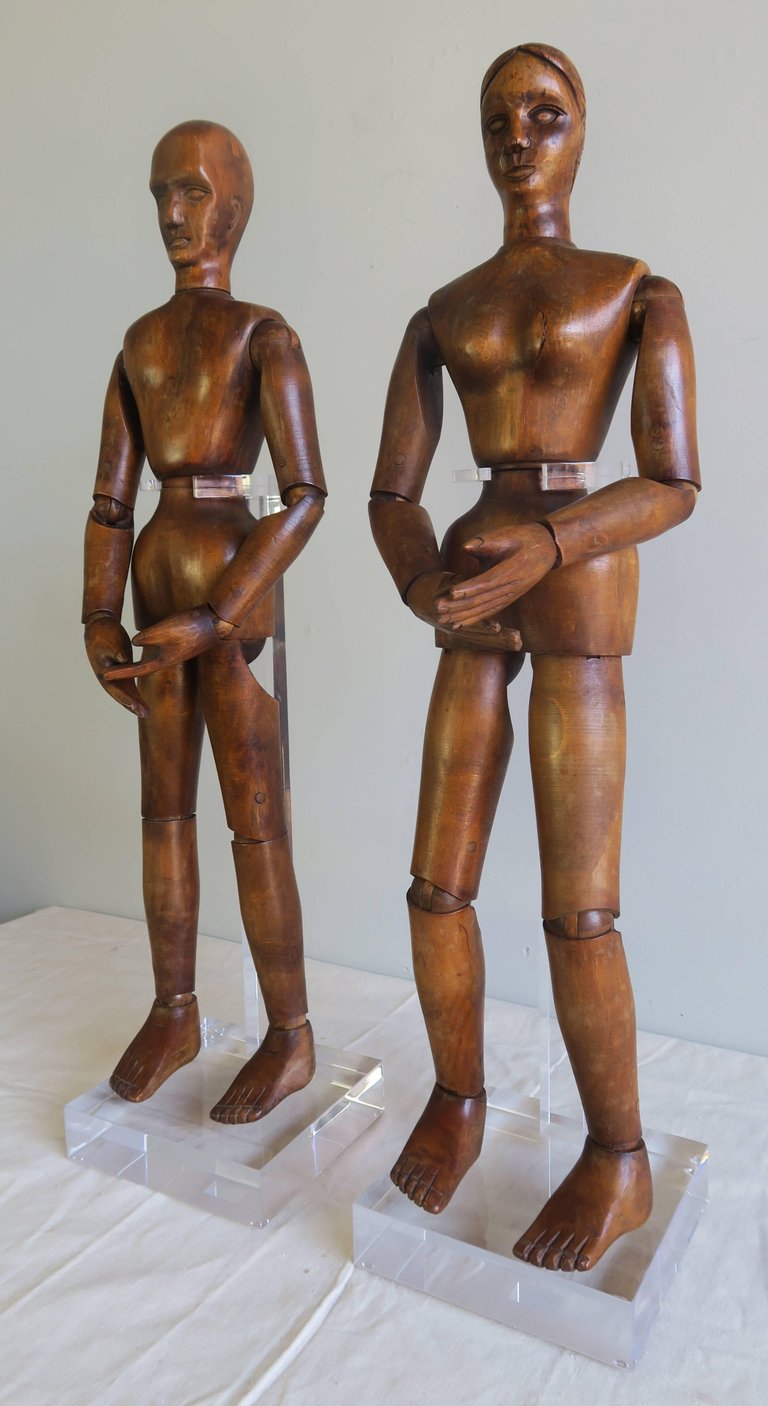 19th Century French Articulated Artist's Mannequin Wooden Dolls, Male &  Female